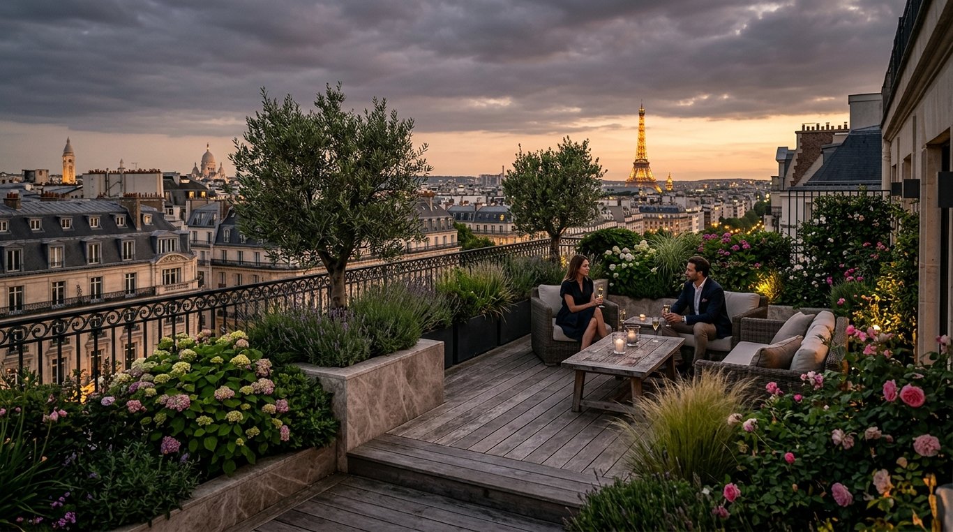 Terrasse luxueuse en rooftop à Paris