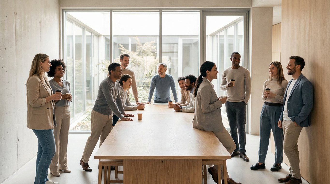 Portrait professionnel d'équipe en plan large dans une salle de réunion vitrée moderne