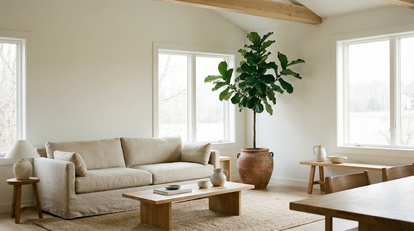 Un salon spacieux et lumineux avec un design minimaliste, des murs blanc cassé, un canapé en lin beige, une grande plante verte en pot en terre cuite, lumière naturelle douce, esthétique japandi