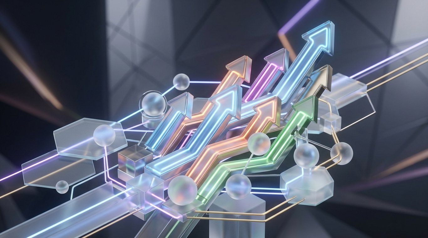 Composition 3D abstraite représentant la croissance et la stratégie avec des graphiques de données