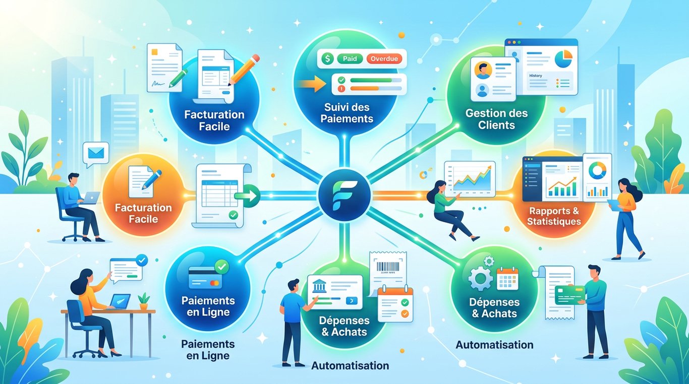 Aperçu des fonctionnalités Facturine : interface de facturation et suivi des paiements.