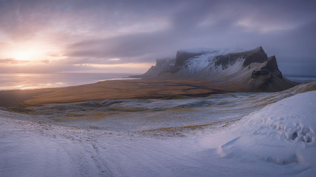 Paysage panoramique brumeux au lever du soleil