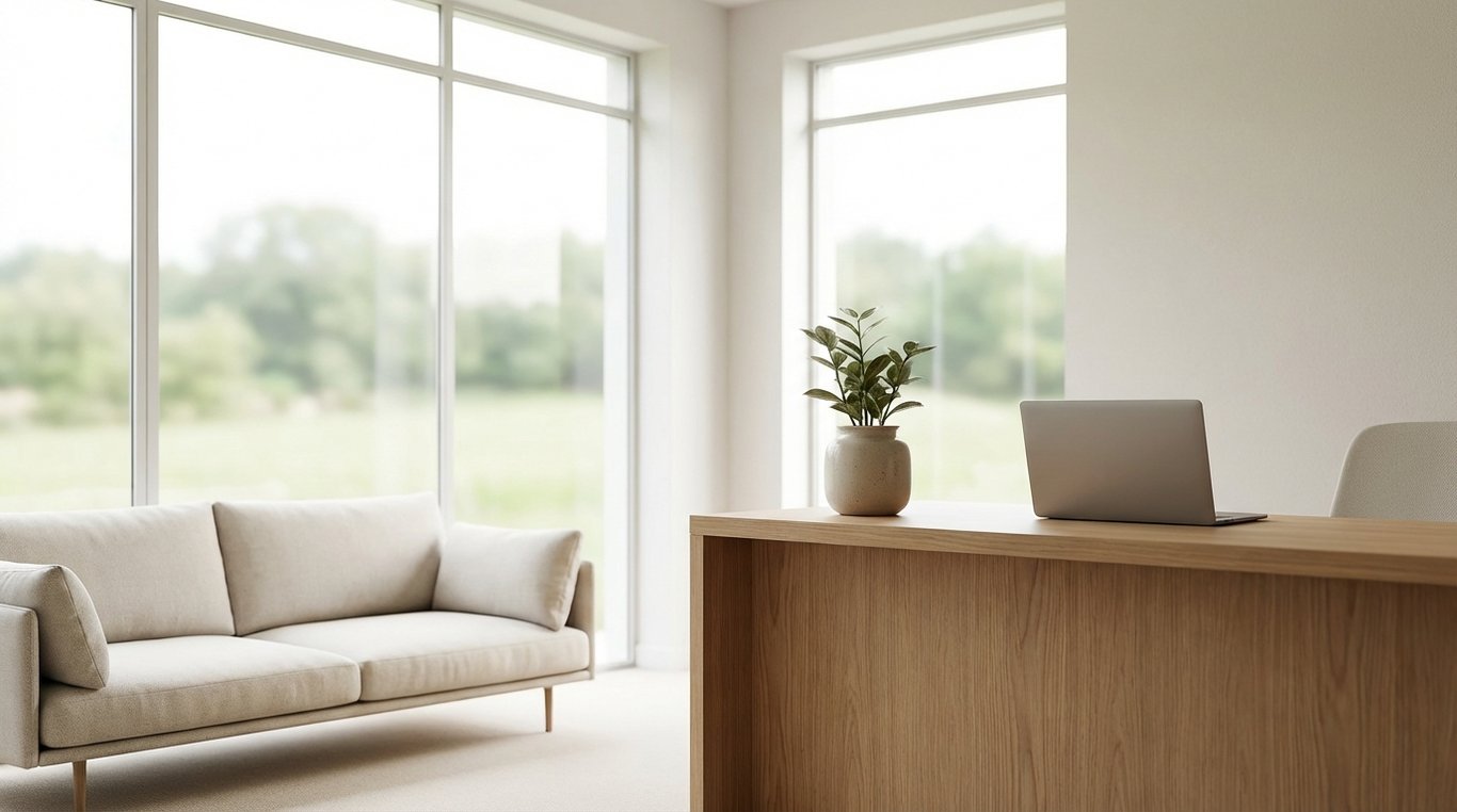 Main illustration professionnelle : une main signant un document sur un bureau en chêne clair