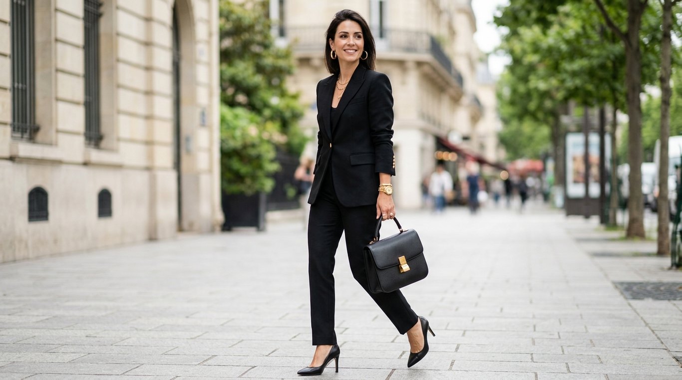 Femme en costume noir élégant avec accessoires dorés