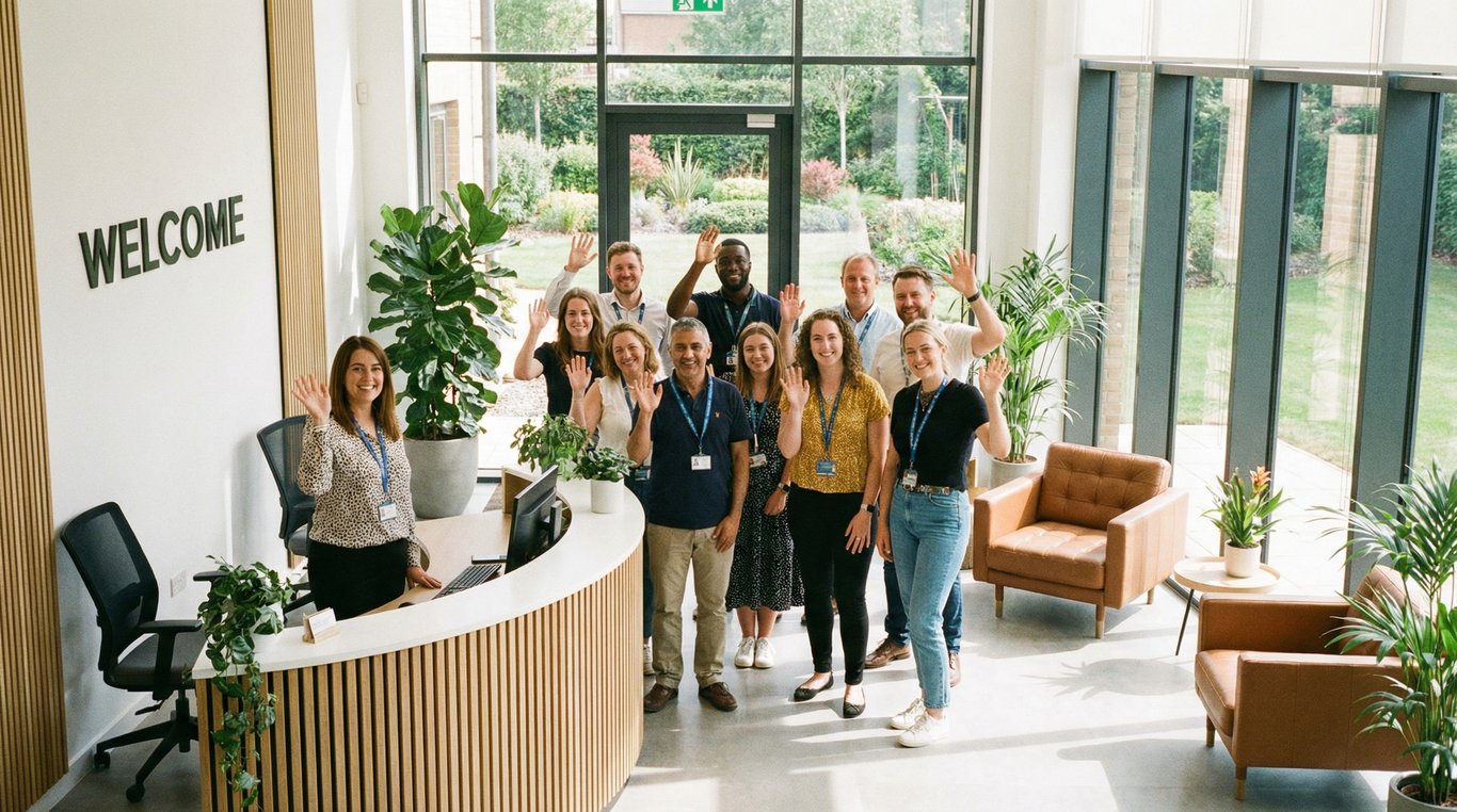 Façade de la porte d'entrée de Bulle Totem peinte en terracotta avec plaque en bois et plantes en pots