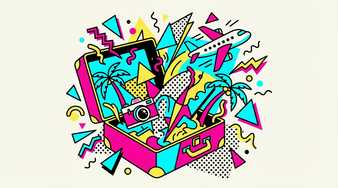 Composition artistique Memphis avec valise et formes géométriques