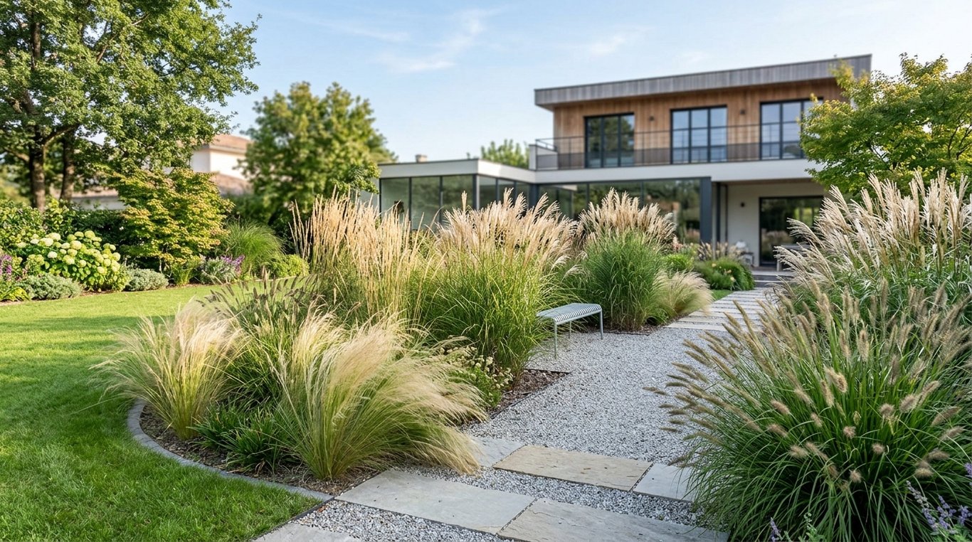 Jardin contemporain avec bassin naturel
