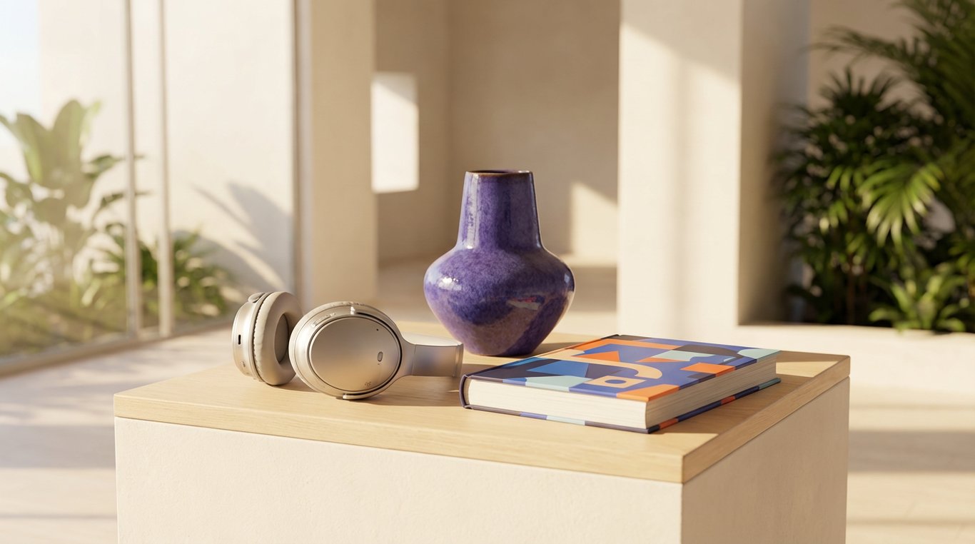 Contenu de la box février 2026 : casque audio Bluetooth, vase en céramique violet, carnet à couverture graphique