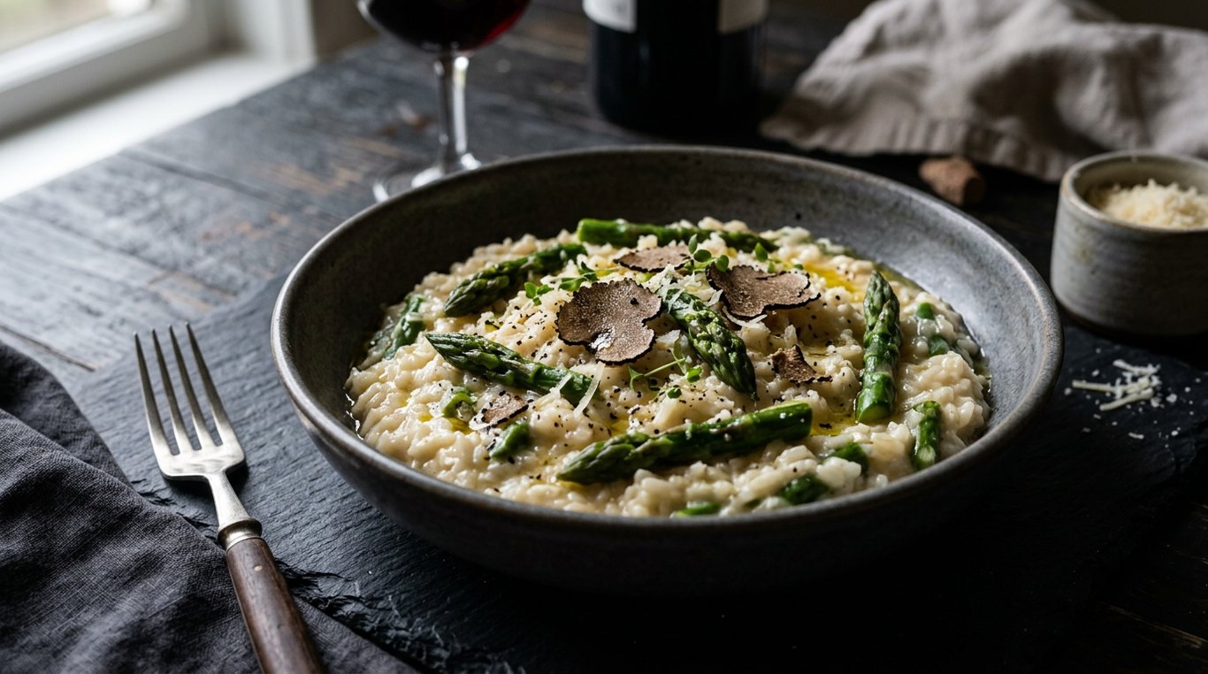 Risotto crémeux au parmesan, asperges vertes et éclats de truffe noire