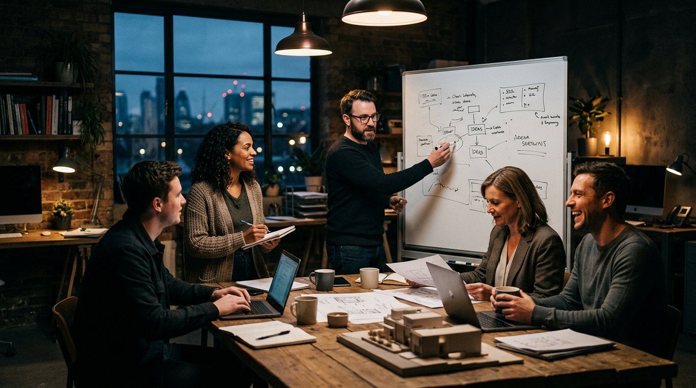 Les fondateurs de Chef Partage au marché local, discutant avec un producteur, sous une lumière chaude et naturelle