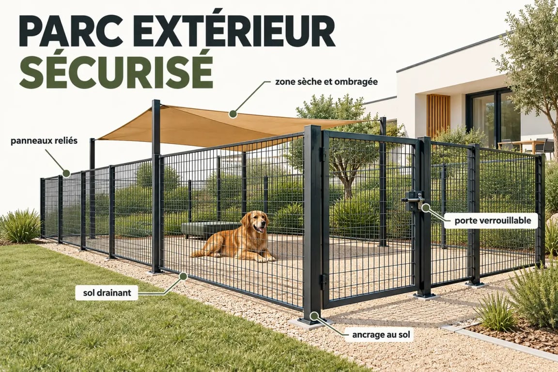 Installation et ancrage d'un parc extérieur chien dans un jardin