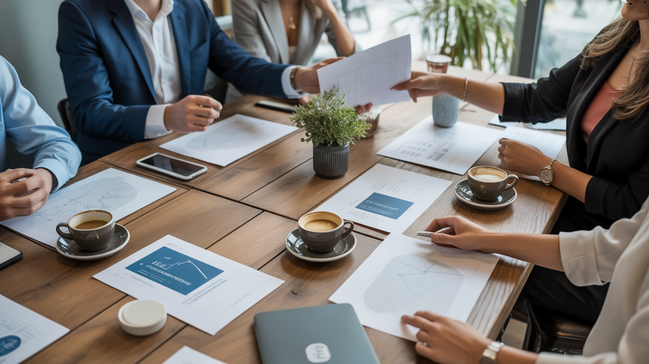 Équipe de professionnels collaborant autour d'une table de réunion avec des documents financiers