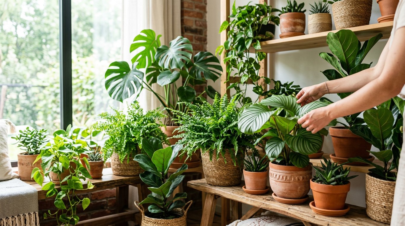 Aménagement paysager d’intérieur avec grands pots en terre cuite et plantes variées