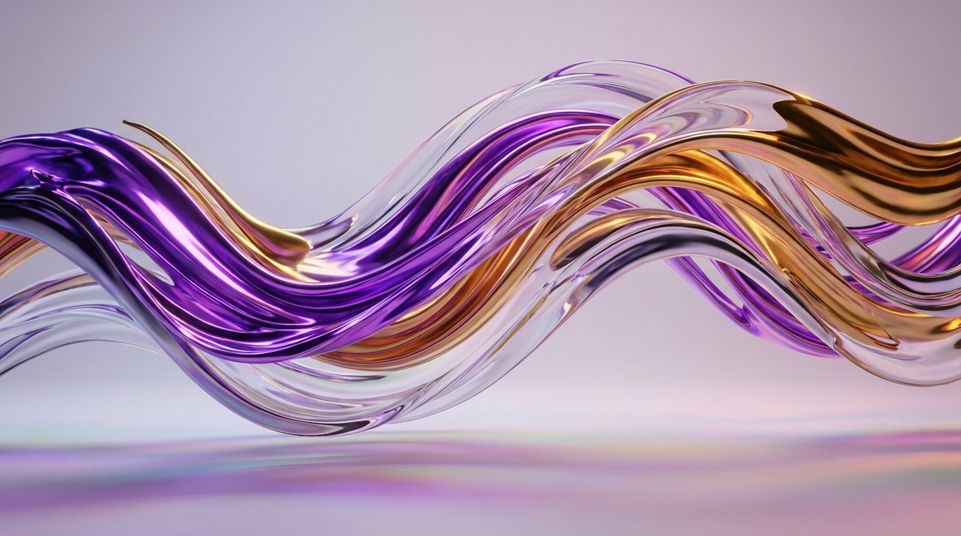 Composition 3D abstraite violette et dorée symbolisant la fusion des médias