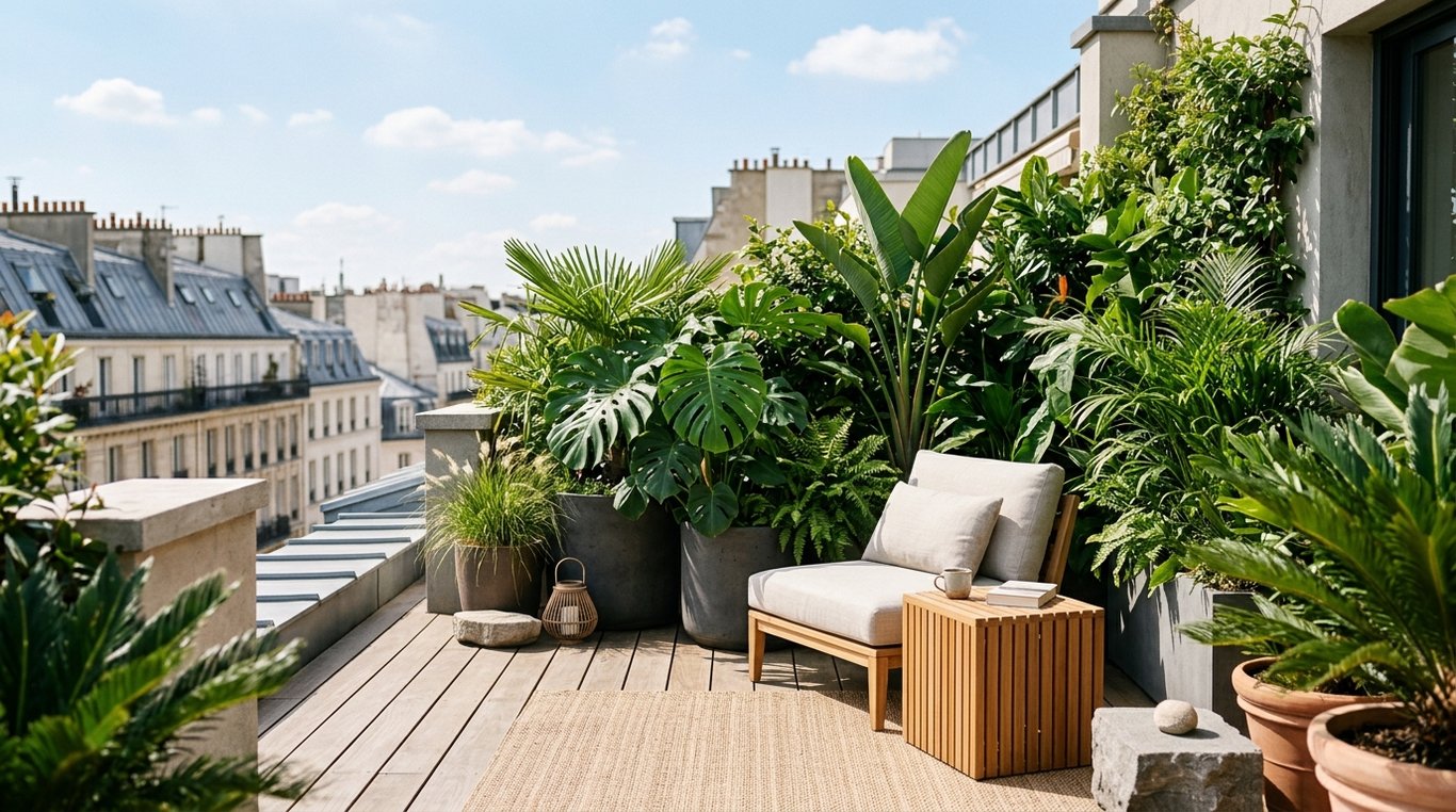 Terrasse en bois avec plantes exotiques