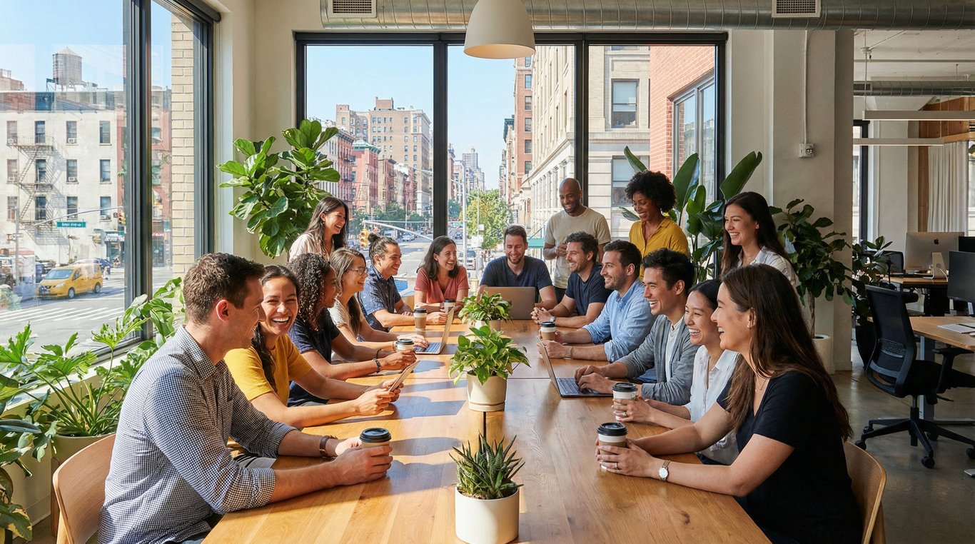 Équipe professionnelle de pharmaciens et chercheurs dans un bureau moderne, lumière naturelle, ambiance corporate