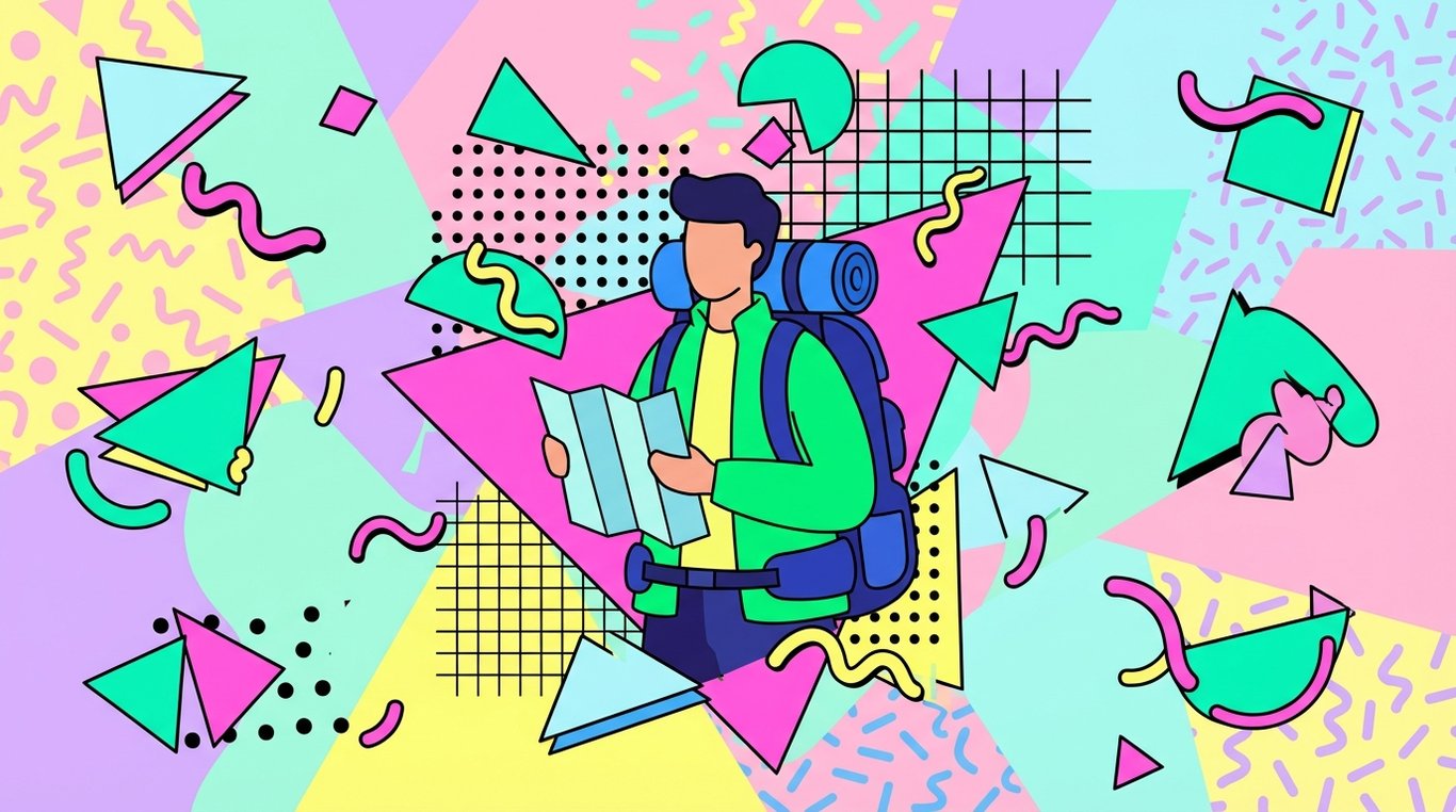 Collage style Memphis d'un voyageur avec formes géométriques néon