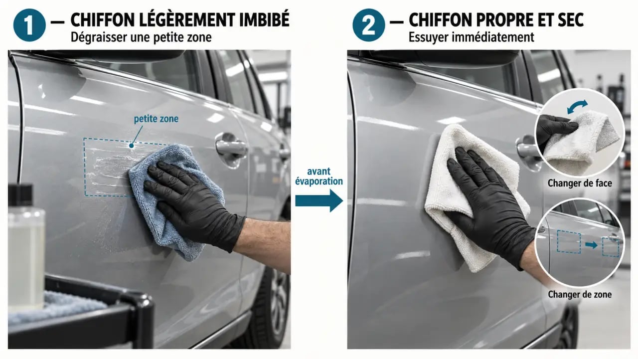 Méthode des deux chiffons pour dégraisser une carrosserie avant peinture