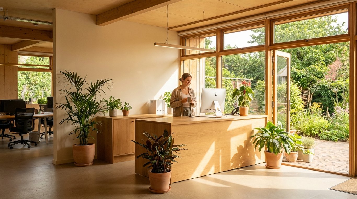 Bureau d'accueil élégant et minimaliste d'un cabinet de conseil avec un logo discret au mur et une plante verte