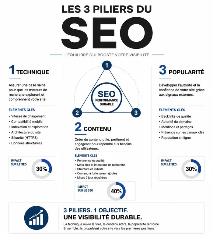 Infographie des 3 piliers du SEO pour une formation gratuite : technique, contenu et popularité