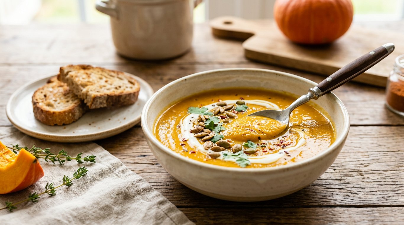 Soupe de potiron orange servie dans une assiette creuse avec des graines de courge