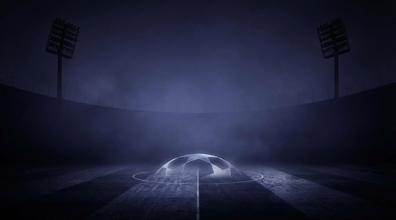 Le trophée de la Ligue des Champions brillant sous des projecteurs bleus intenses