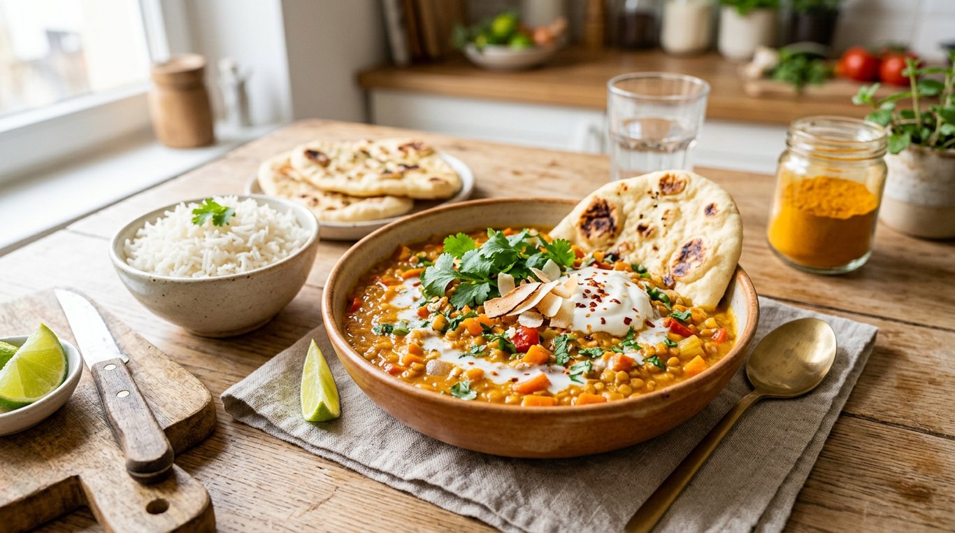 Bol de curry de lentilles corail avec coriandre fraîche