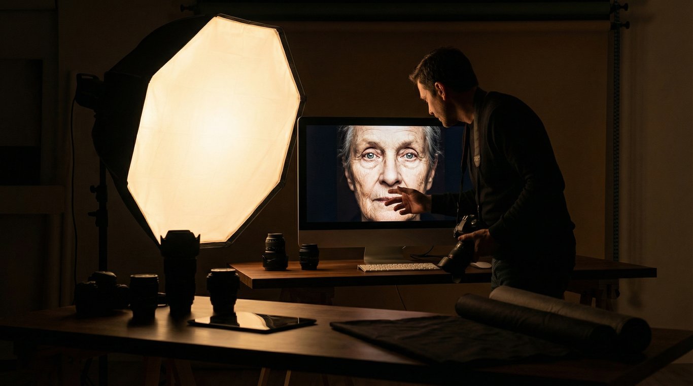 Portrait d'homme en lumière contrastée avec expression pensive, fond sombre