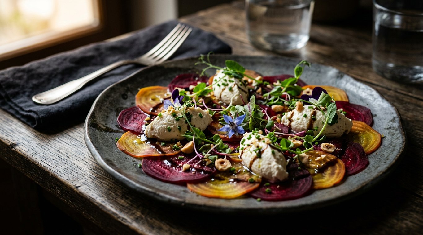 Assiette d'entrée fraîche avec carpaccio de betterave, mousse de chèvre et micro-pousses