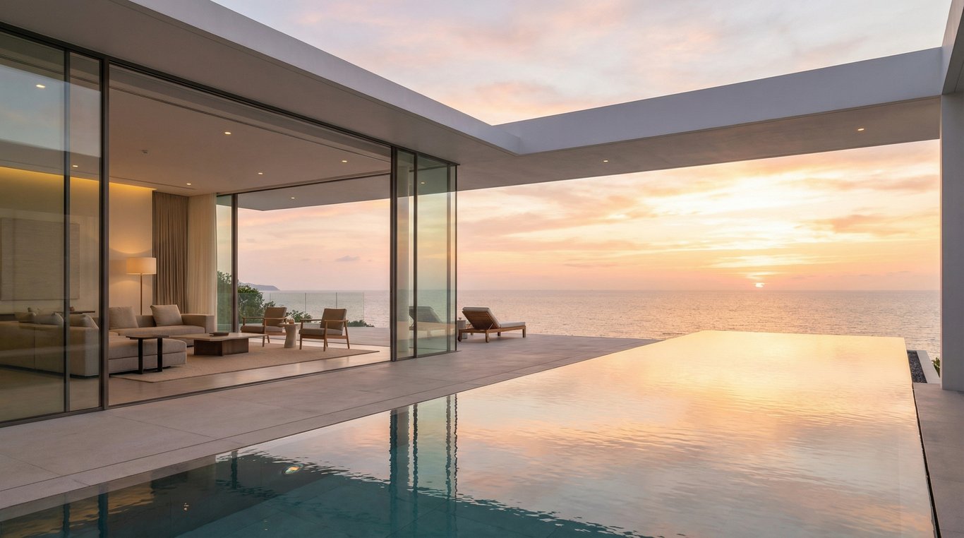 Villa contemporaine de luxe au crépuscule avec piscine à débordement