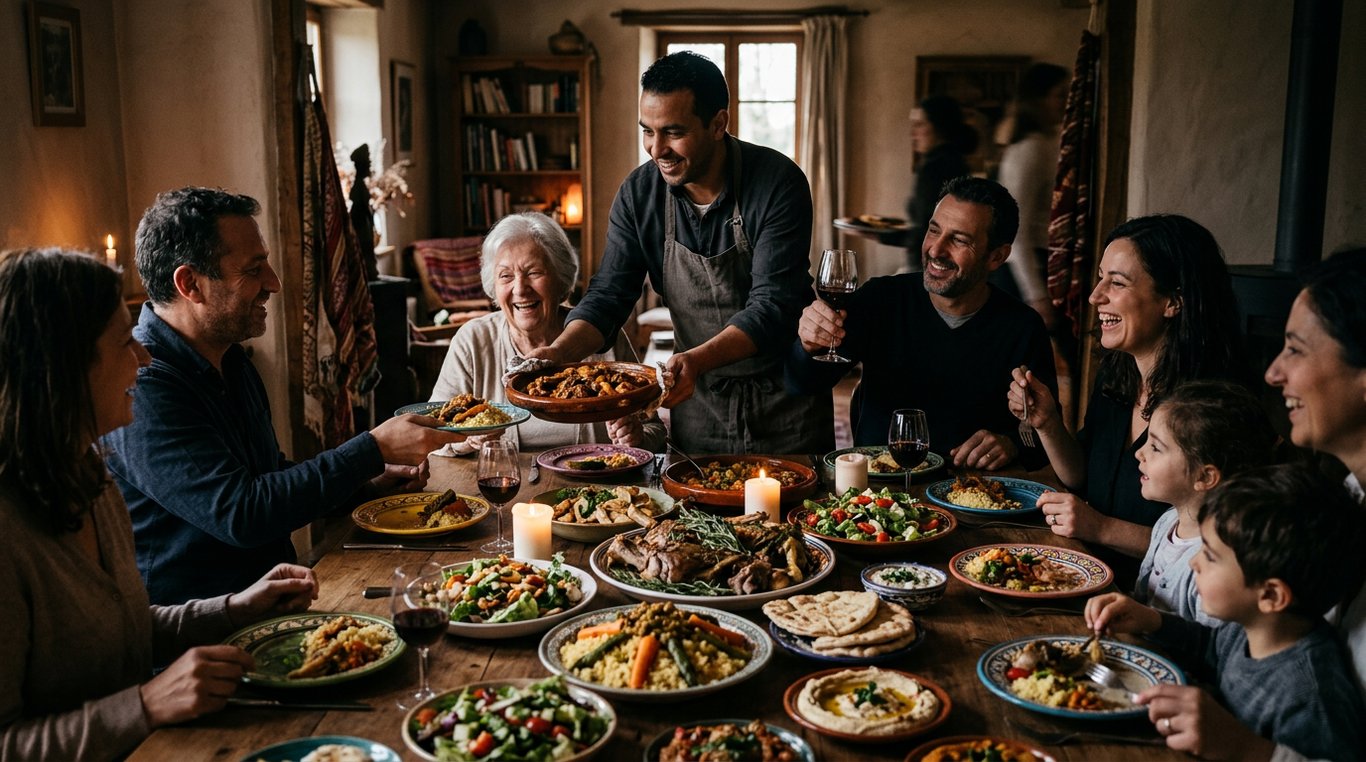 Grande table conviviale remplie de plats généreux et de convives souriants