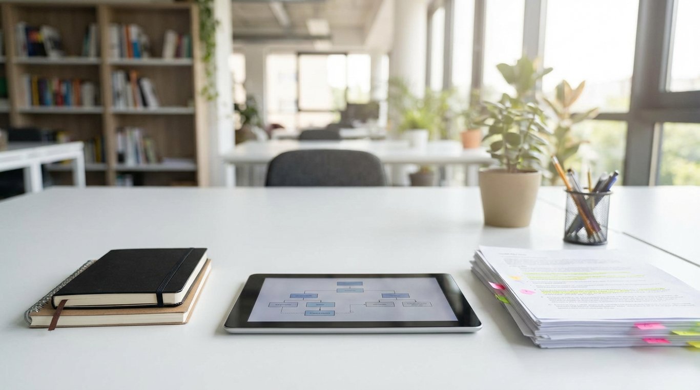 Illustration 3D abstraite et épurée de formes géométriques s'imbriquant parfaitement, nuances de bleu cyan et bleu marine sur fond blanc