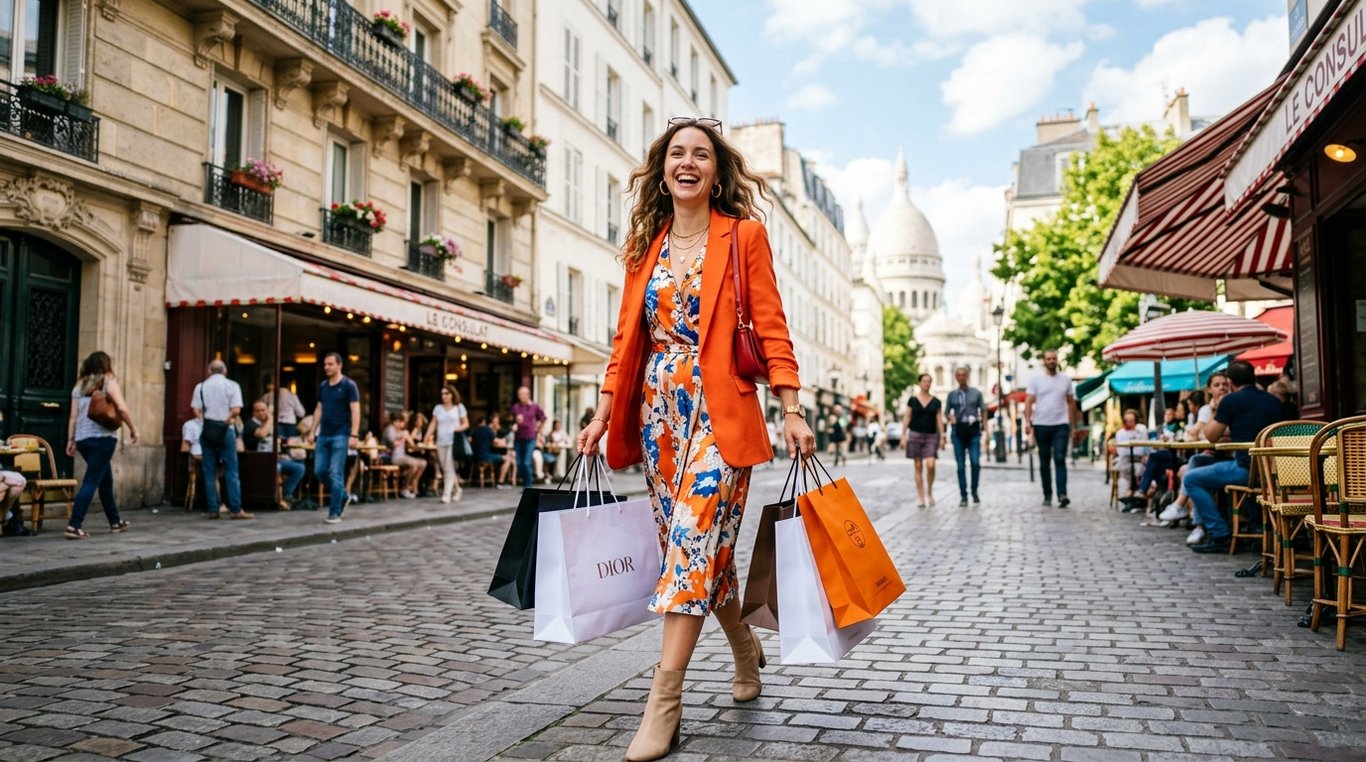 Composition flat-lay de vêtements de créateurs et accessoires avec étiquettes de réduction