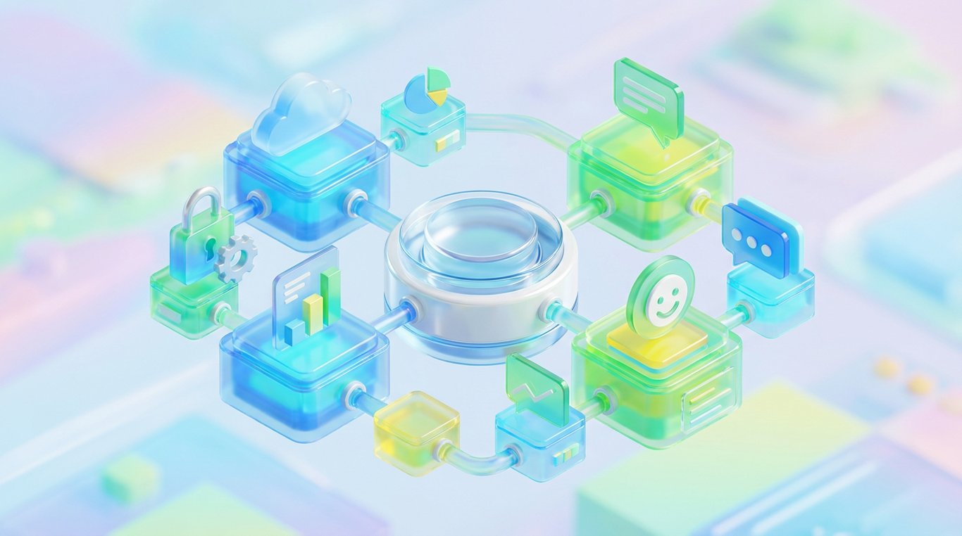 Illustration 3D d’icônes représentant un bouclier de sécurité, un serveur de base de données et un engrenage interconnectés par des rayons lumineux
