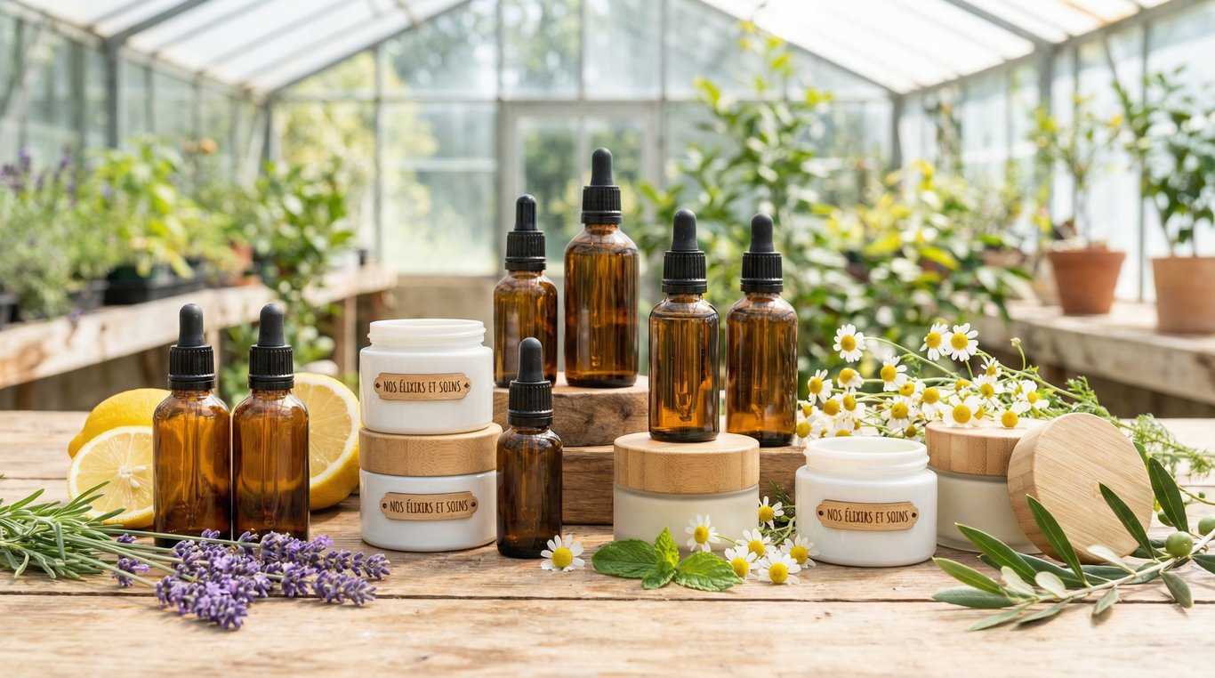 Alignement esthétique de flacons en verre ambré sur une surface en pierre naturelle, fond beige neutre