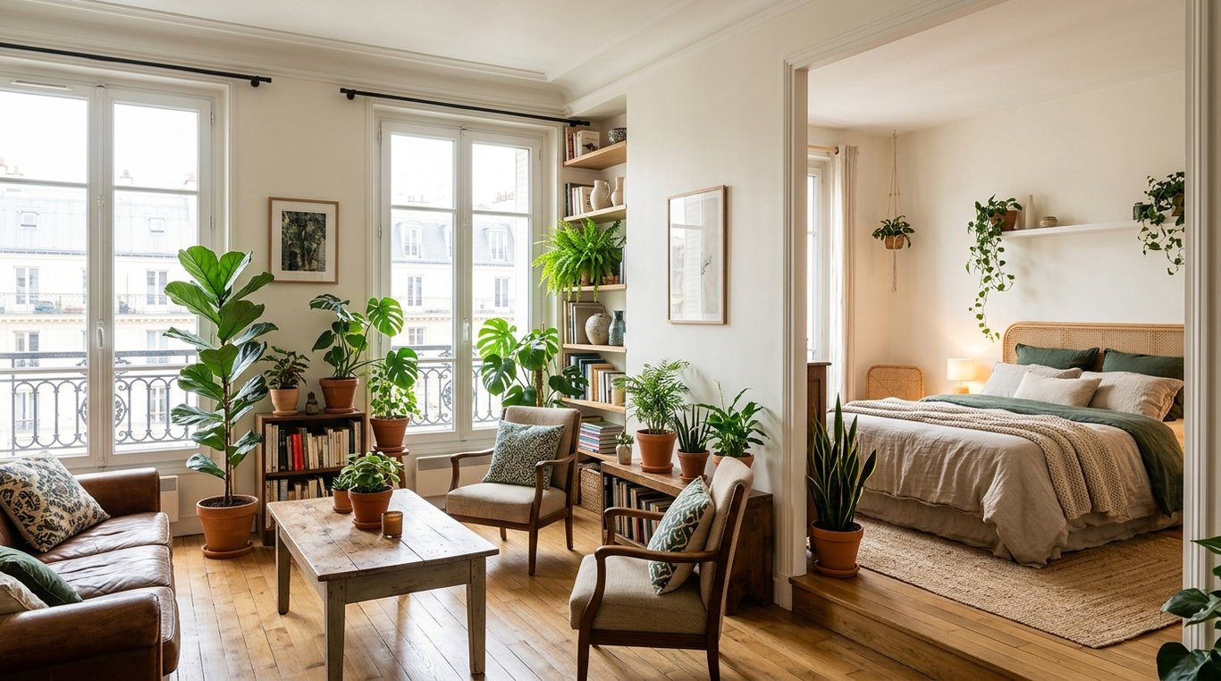 Chambre à coucher cocooning avec plantes suspendues