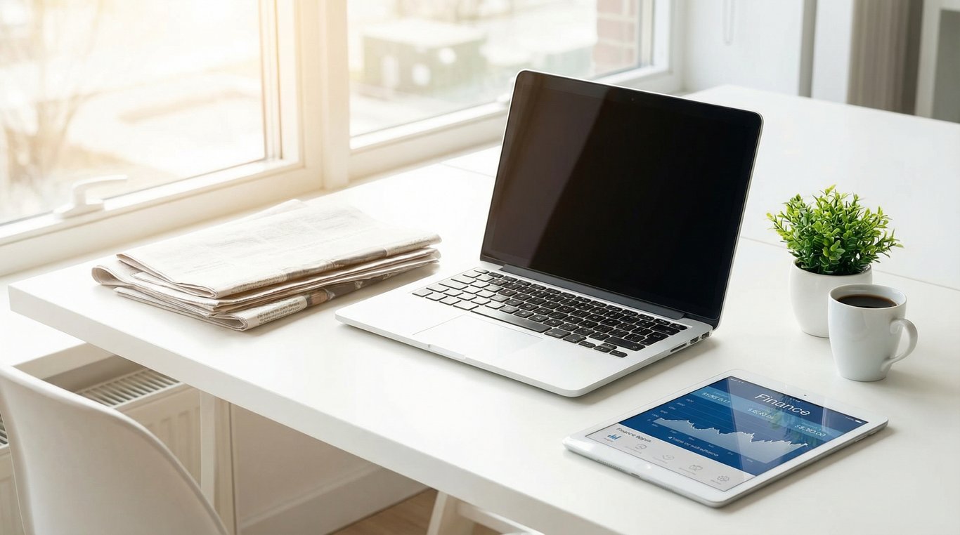 Gros plan esthétique sur des lunettes de vue posées sur des documents financiers imprimés, avec une lumière naturelle douce venant d'une fenêtre.