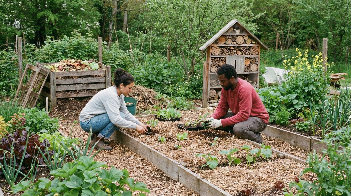 Close-up artistique de mains tenant de la terre riche avec de jeunes pousses vertes