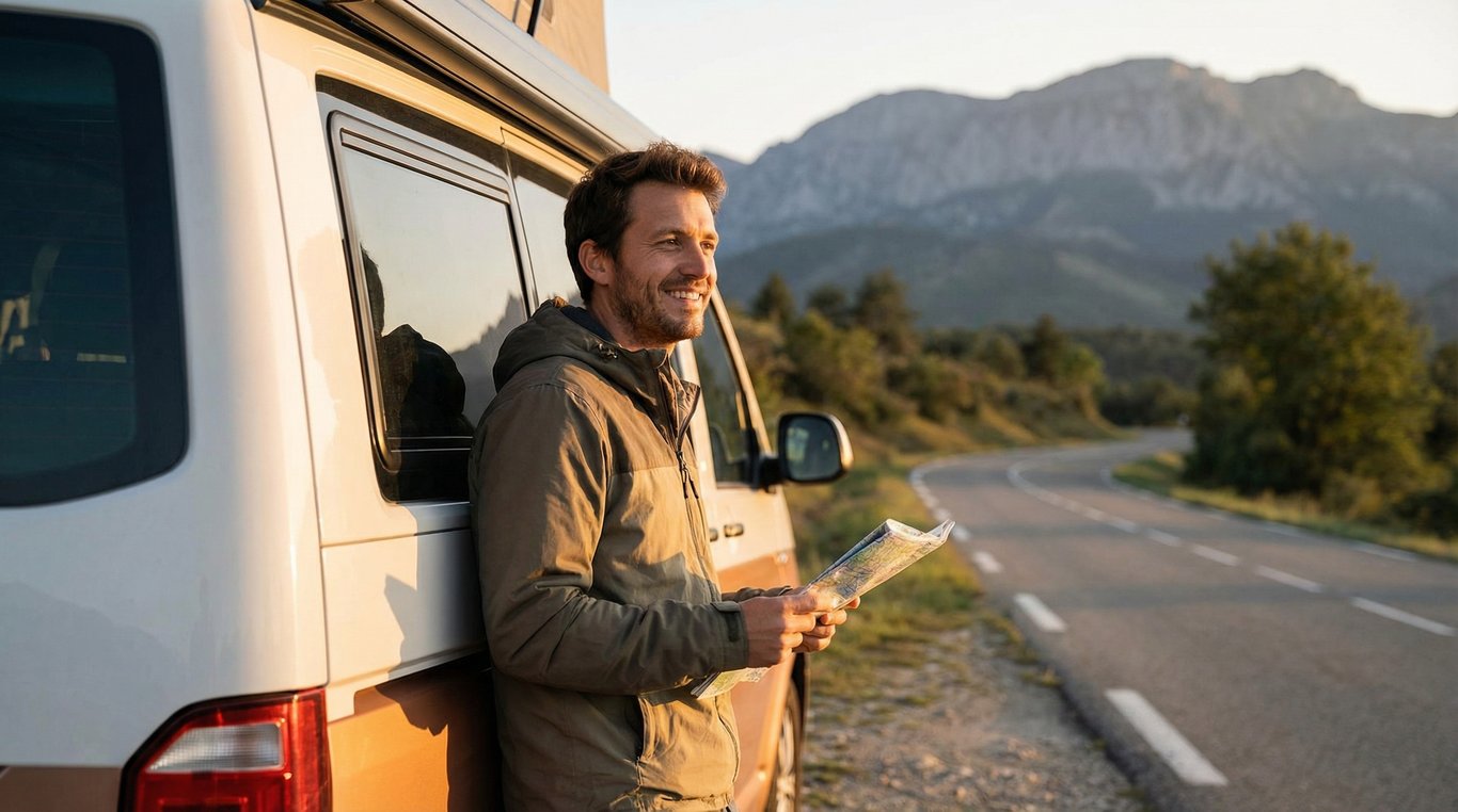 Portrait de Julien Martin, barbe courte, casquette beige, souriant, devant un van aménagé