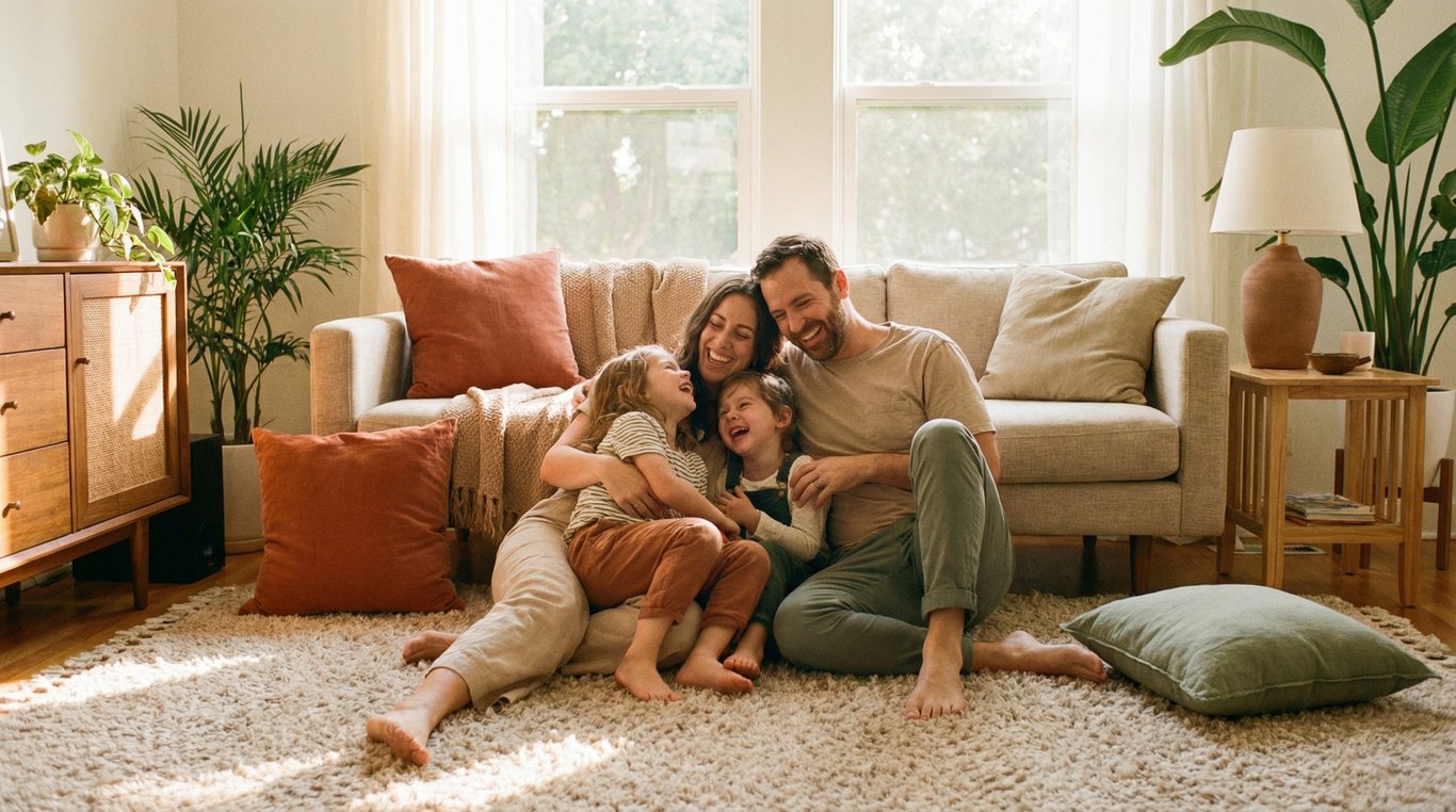 Famille détendue et souriante dans un salon lumineux