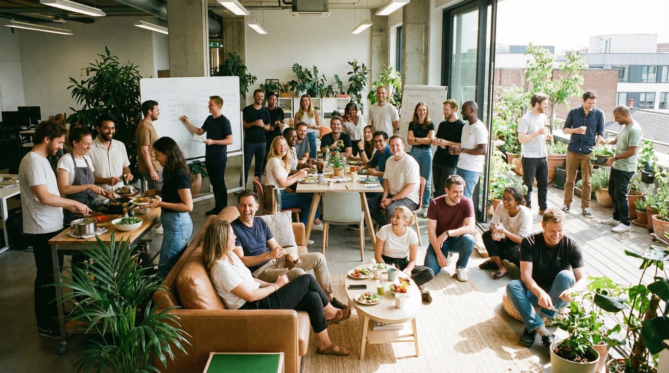 Portrait chaleureux d'une équipe souriante dans un atelier baigné de lumière naturelle, entourée de plantes vertes.