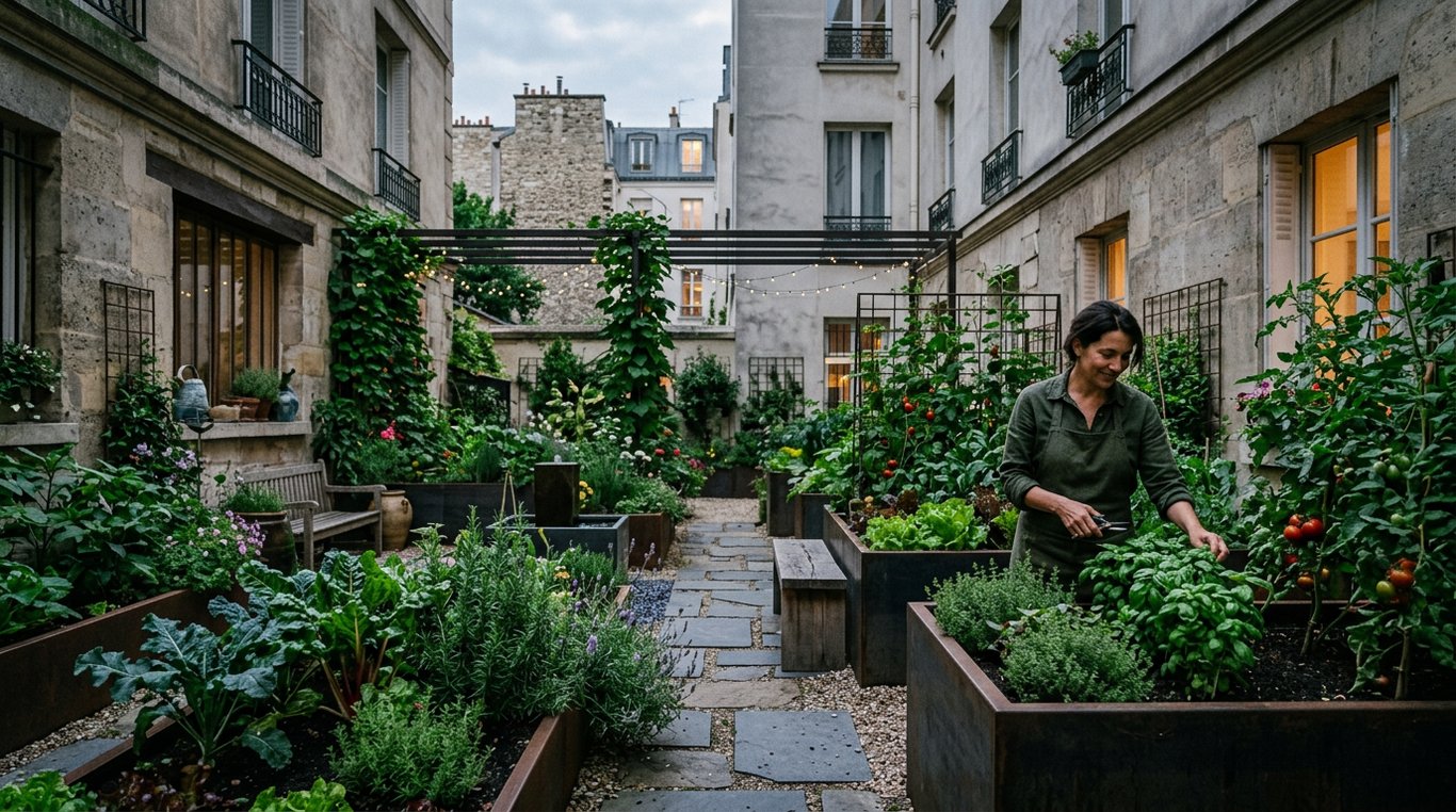 Potager urbain contemporain avec bacs en acier Corten