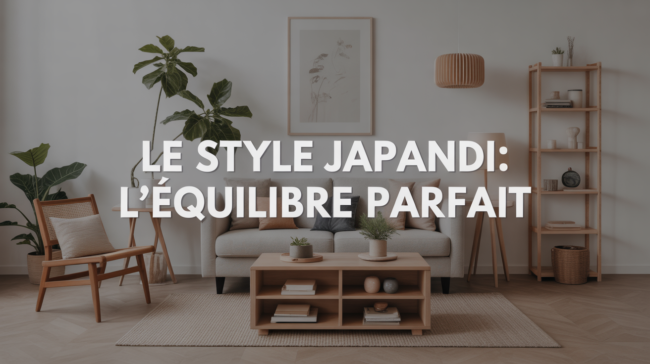 Intérieur zen minimaliste mélangeant bois clair scandinave et céramiques japonaises sombres, lumière diffuse, atmosphère sereine