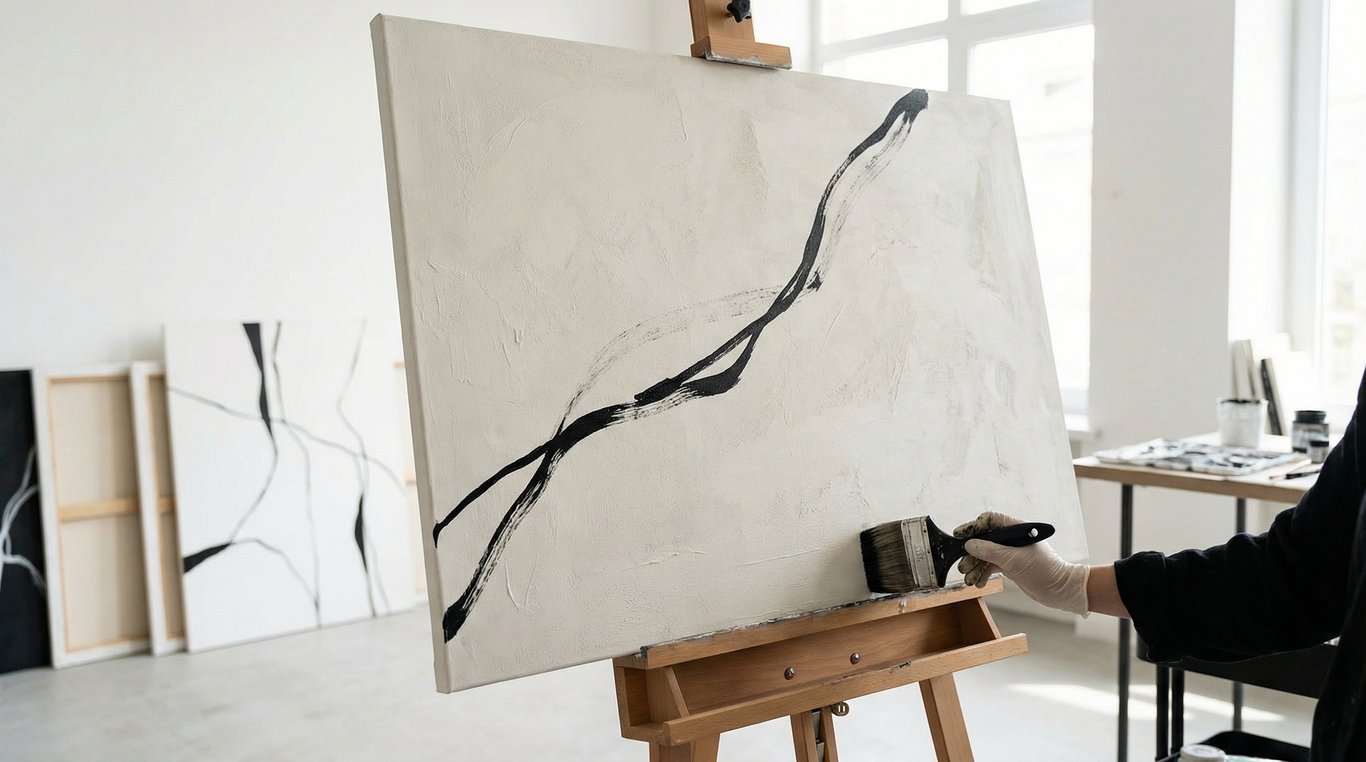 Portrait en noir et blanc de Sophie Lemoine devant une toile abstraite aux lignes épurées