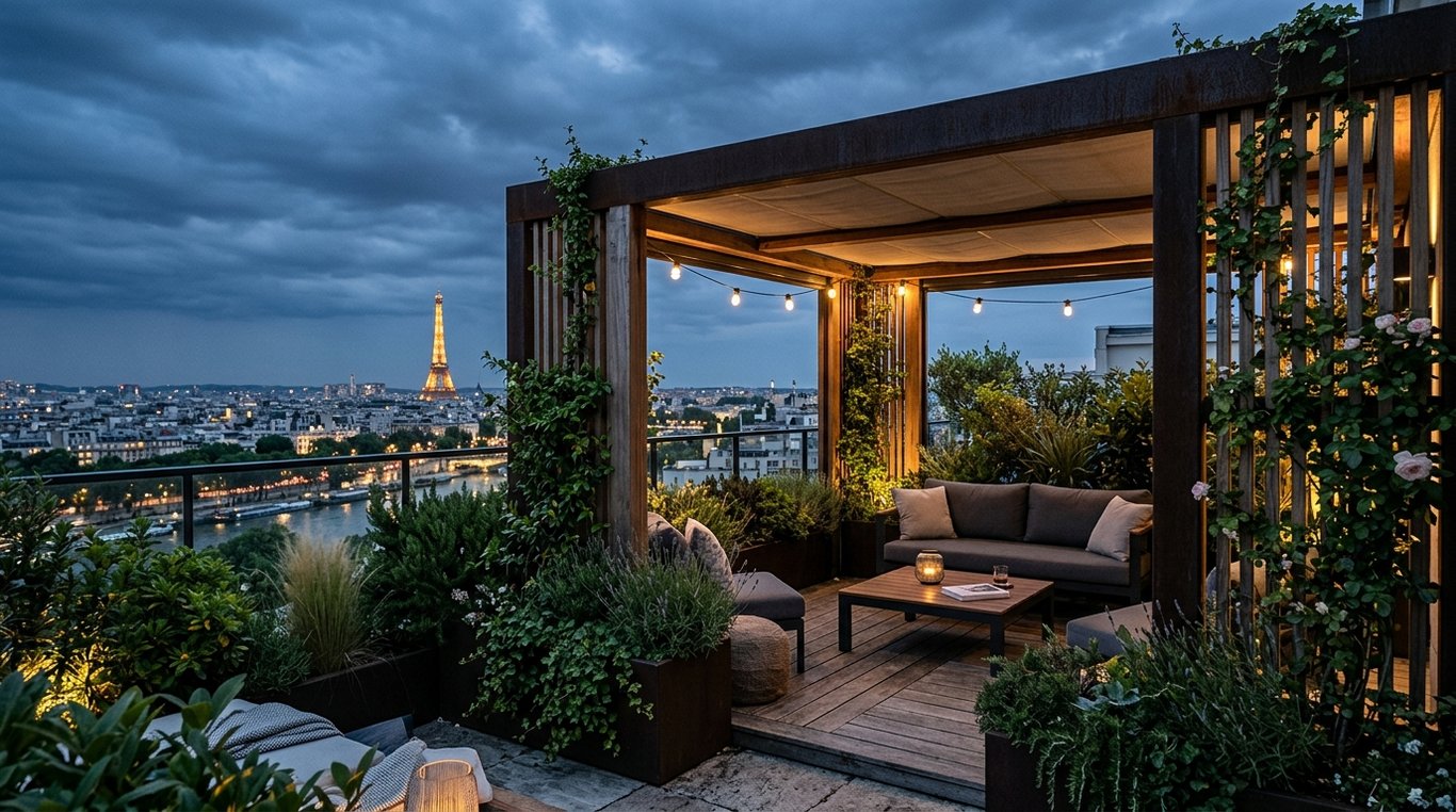 Terrasse moderne avec pergola en bois et plantes grimpantes