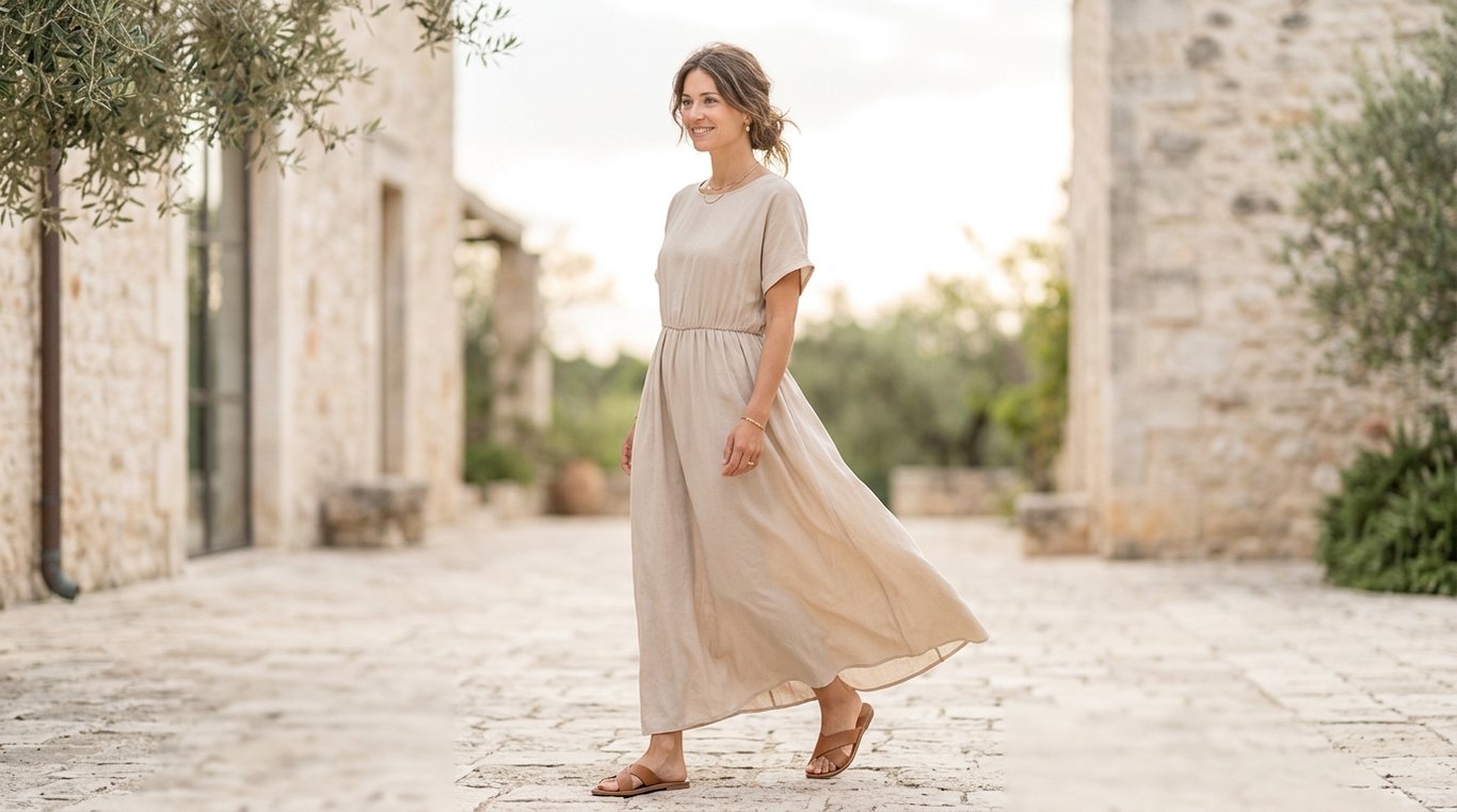Femme portant une robe fluide aux tons neutres avec accessoires minimalistes