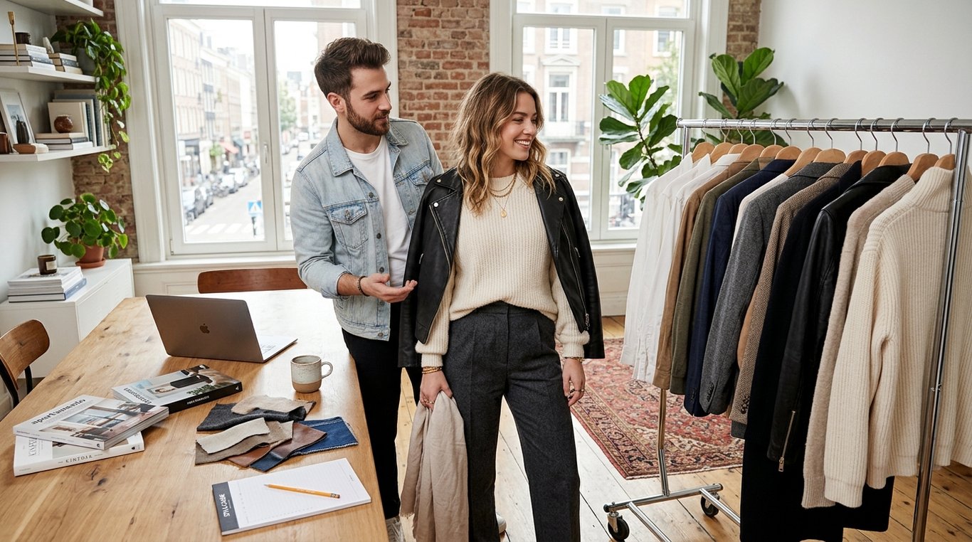 Homme en pull léger gris et jean brut, style casual moderne