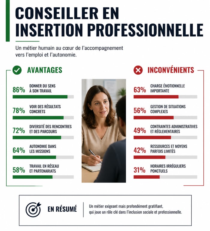 Infographie résumant les avantages et inconvénients du métier de conseiller en insertion professionnelle