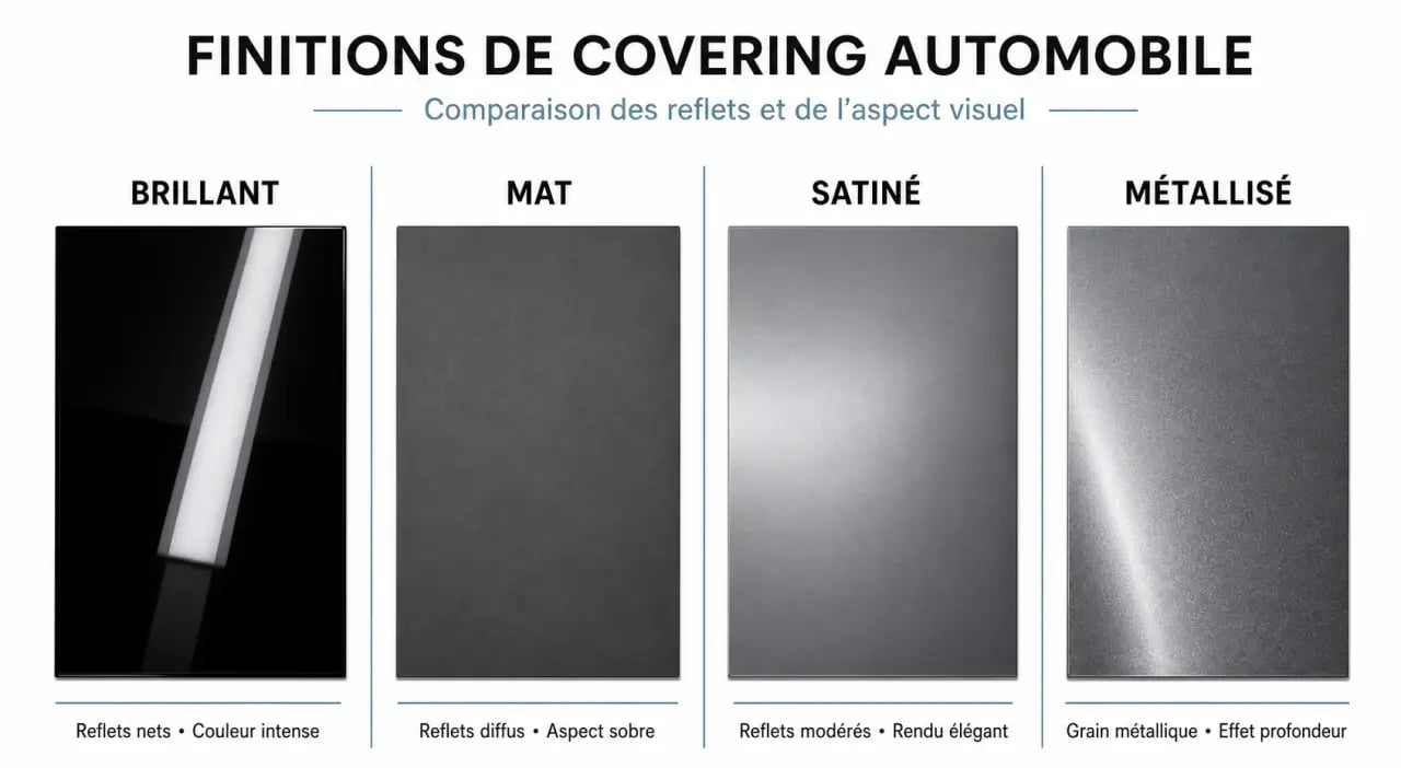 Comparatif des finitions de covering voiture : brillant, mat, satiné et métallisé
