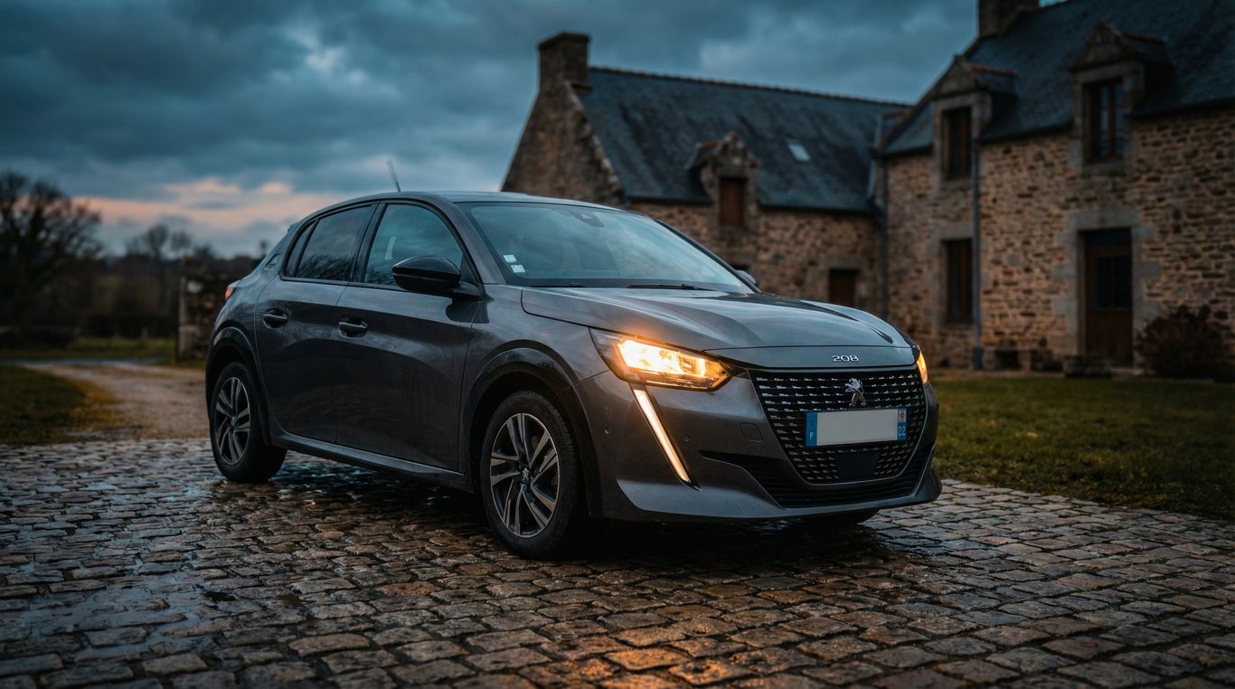 Photo d'une Peugeot 208 rouge vue de face garée sur parking